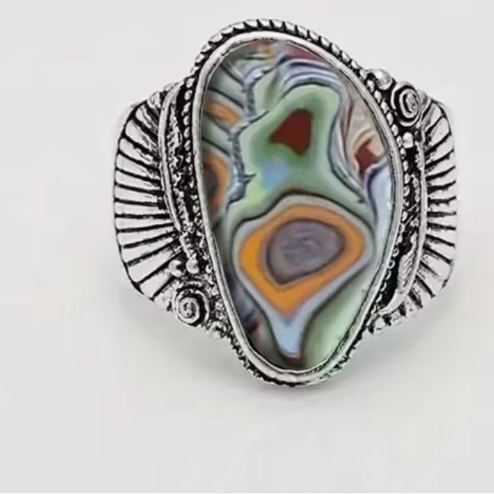Silver Tone Abalone Ring Size 7 - Picture 2 of 5